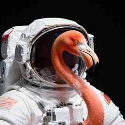 flamingo head inside astronaut helmet, nasa photo, spacewalk, full resolution