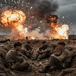 Tired and dirty soldiers sitting in a ditch. explosions all around