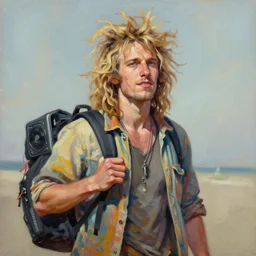 palette knife oil painting portrait of hans, a big bones energetic young man with a sandy mop of hair wearing surfer wear and carrying a backpack with dj gear. stoner. artstation trending, artgerm, any racial background, deviant art, hipster, octane, substance, art history 8 k