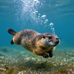 a groundhog diving, realistic, underwater bubbles