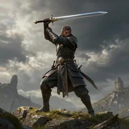 warrior holding a sword top the hill, 4 k, unreal engine, artstation, dramatic composition, fantasy style