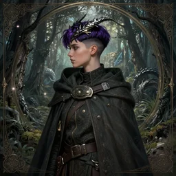 cinematic side portrait rugged angel girl, adventurer outfit large cloak, fantasy forest landscape, dragon scales in hair, fantasy magic, undercut hairstyle, short purple black fade hair, dark light night, intricate, elegant, sharp focus, illustration, highly detailed, digital painting, concept art, matte, art by WLOP and Artgerm and Greg Rutkowski and Alphonse Mucha, masterpiece
