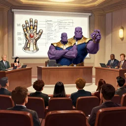 court room sketch of thanos explaining his plans to the jury with a diagram of the infinity gauntlet.