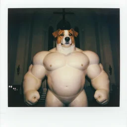 oversized giant anthropomorphic jack russell parson turned into bodybuilder, in church, close body shot, nighttime, cinematic focus, polaroid photo, vintage, neutral dull colors, soft lights, foggy, overcast by oleg oprisco, by thomas peschak, by discovery channel, by victor enrich, by gregory crewdson