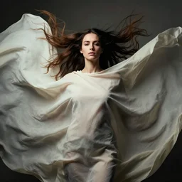 a portrait of a woman with long hair wearing a fabric cloth drapery by peter mohrbacher and roberto ferri, billowing, dramatic, dynamic lighting, sharp focus, motion, symmetrical features