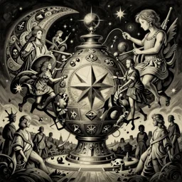 dark manga renaissance mysterious magical object illustrated by by goya and escher and hogarth, inspired by magritte, illusion surreal art, highly conceptual figurative art, intricate detailed illustration, flat acrylic painting, monumental dynamic illustration, surreal art, detailed illustration
