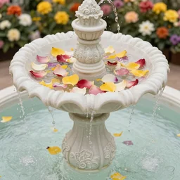 photograph of Georgia O'Keefe flower sculptural fountain with flower petals and water flowing throughout, feminine, beautiful, curvy, flowers background, romantic, sensual, shallow depth of field