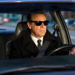 1 9 9 8 andy richter wearing a black wool coat and necktie in his car driving through the streets of chicago at night, wearing a pair of black sunglasses