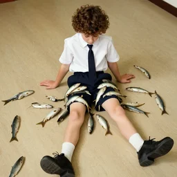a boy with curly curtained hair in school uniform with loads of fish streaming out of his shorts all over the floor, top view, in the style of norman rockwell, hyperreal 8 k