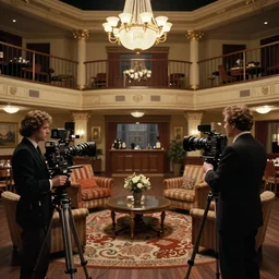 medium shot cinematography of the overlook hotel's lobby from stanley kubrick's 1 9 8 0 film the shining, inside the soundstage set for the overlook hotel interior shot on 3 5 mm eastman 5 2 4 7 film by the shining cinematographer john alcott shot on a 1 8 mm cooke panchro lens with golden ratio composition