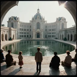 1 9 7 0 s movie still by andrei tarkovsky of a noneuclidian palace with a lake in the middle, by piranesi, panoramic, ultra wide lens, cinematic light, flare, anamorphic
