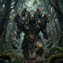 a giant with extra heads on his shoulders, dnd in a dark forest, digital art, high quality render, artstation, 8 k, photograph quality, ultrahd, in the style of dungeons and dragons
