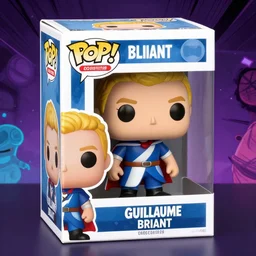 a funko figurine of  the crossfiter GUILLAUME BRIANT with blond hairs and mustache, blue white red cape in its original box, BRIANT is written on the box, space around the illustration, mattepainting concept Blizzard pixar maya engine on stylized background splash comics global illumination lighting artstation