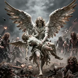 angels at war while one angel carries a fallen angel off the battlefield, horror art by beksinski and szukalski and giger and and pyromallis and dzo and iris compiet and seb mckinnon and, digital art, highly detailed, intricate, sharp focus, trending on artstation hq, deviantart, pinterest, unreal engine 5, 4 k uhd image