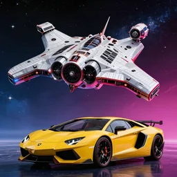 epic lamborghini space starship positioned behind a laborghini car, beautiful space background, technicolor, 4 k, super sharp, ludek pesek, rick guidice, chesley bonestell, lucien rudaux, rolf klep, fred freeman, george pal