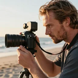 a closeup photorealistic photograph of wayne gretzky operating a film camera on the beach at sunset. bright scene. fine detail. this 4 k hd image is trending on artstation, featured on behance, well - rendered, extra crisp, features intricate detail, epic composition and the style of unreal engine.