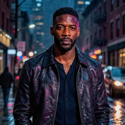 night flash portrait photography of idris elba on a rainy night on the lower east side by mark seliger, raining!!!, colorful!!, nighttime!!,