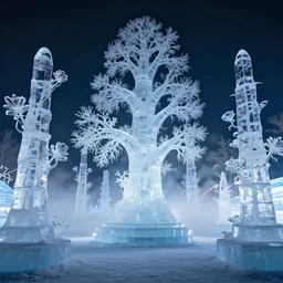 cinematic still of a massive ice sculpture tree forest at night with ice sculpture flowers and nature, light fog, cold ambient light, beautiful, 4 k, masterpiece,