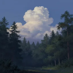 A beautiful ultra detailed matte painting evening woods water puffy clouds in sky  by dan mumford, thomas kinkade, unreal engine, featured on artstation