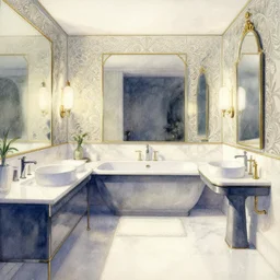 a hiper intricate watercolor of a beauty modern bath room, reflexions, intricate details, smooth, by william turner art, by greg rutowski by edmund dulac, by carl larson