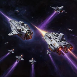 A highly detailed Sci-Fi concept art matte oil painting set in space  by Greg Rutkowski and Thomas Kinkade of an epic Space battle , Two massive capital ships firing at it each other ,while small fighter ships fly in formation ready to attack , deep space , dark  and stars in the background , purple lazers, perspective , action shot . no mans sky game art