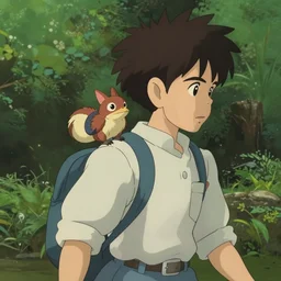 Boy wandering with small creature on shoulder, made by Studio Ghibli, cinematic lighting, highly detailed art, beautiful scene, artstation trenidng, sharp focus, smooth, artgerm