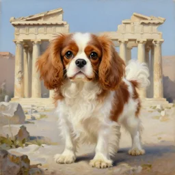 cute fluffy cavalier king charles spaniel, ancient greece background, oil on canvas