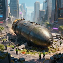 cyberpunk style city, a bomb hit the the city, many police around, 8 k, cg, sunlight, cinematic, highly detailed, ultra detailed, trending on artstation