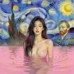 lee jin - eun emerging from royal pink and gold water by greg rutkowski, claude monet, conrad roset, takato yomamoto, vincent van gogh, rule of thirds, seductive look, beautiful