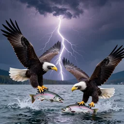 4 k ultra detailed photo of eagles catching salmon alaska dramatic lightning