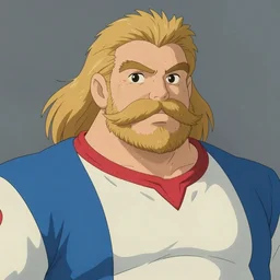 massive athlete with a blond mustache with a beard, dressed in blue white red, art by studio ghibli and j. c. leyendecker and greg rutkowski and artgerm and ilya kuvshinov, portrait, d & d, fantasy, highly detailed, digital painting, headshot, trending on artstation, concept art, sharp focus, illustration