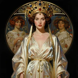 body portrait of anne heche from the psycho movie wearing a flowing silk robe, wearing an ornate ancient headress, by terry o'neill intricate, elegant, highly detailed, digital painting, artstation, concept art, smooth, sharp focus, bold lighting, deep colors, dark background, illustration, art by artgerm and greg rutkowski and alphonse mucha, 8 k,