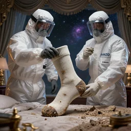 hazmat team picks up carries crusty stained stiff sock from bedroom, digital art, cosmic, 3 d high definition, trending on artstation, photorealistic, high resolution, vray, 8 k, octane, trending on, hdr, hyper detailed, insane details, intricate, elite, ornate, elegant, unreal engine