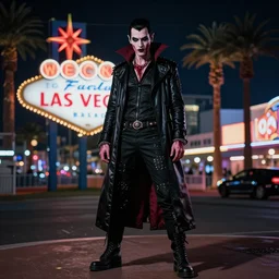 full body portrait of a blood punk vampire, background of las vegas strip at night, cinematic, hyper realism, high detail, octane render, 8k, cgsociety