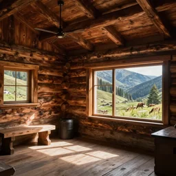 detailed ultrarealistic photo of hunter's log cabin interior