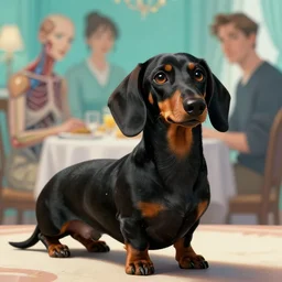 black dachshund in breakfast at tiffany's, anatomy, bathed in light, highly detailed, photorealistic, artstation, smooth, sharp focus, illustration, unreal engine 5, 8 k, art by artgerm and greg rutkowski and edgar maxence, trending on artstation