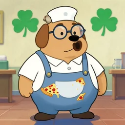 character portrait of obese school janitor anthro dog with glasses on the pbs arthur, pizza stained clothes, chunky, 4 leaf clover icon in background, ilya repin and rembrandt, trending on deviant art