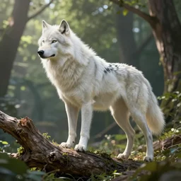 highly detailed digital art of a magestic white wolf standing on an overgrown fallen tree trunk, lush surroundings, sunshine, tranquil, artstation