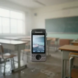 Beautiful cameraphone 2000s, soft liminal Photograph of foggy  abandoned school classroom with water on the floor