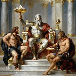 ares the god of war accuses hercules of betrayal! zeus sits on the throne of olympus, heavenly marble, ambrosia served on golden platters, painting by gaston bussiere, craig mullins, j. c. leyendecker, tom of finland