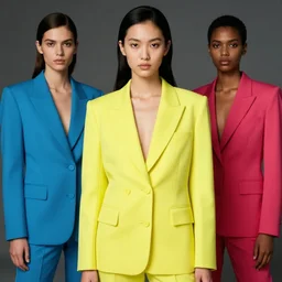 realistic photoshooting for trouser suit, bright colors, vhs colour photography, fashion photography, vogue, smooth skin, perfect face, 8 0 mm lens, 1. 2 aperture, cinematic light, agency model img models