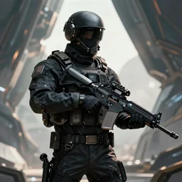 a sci fi futuristic of a swat member full tactical gear, blade runner