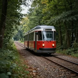 Tram line in a forest, 8k UHD, high quality, studio photo,