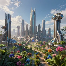a megalopolis of steel and cyborgs, futurism, high fantasy, magical elements, vibrant colors, lush landscape, sharp details, high res eautiful lighting, studio light, extremely detailed, establishing shot, realistic materials, hyperrealistic