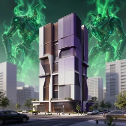 highly detailed building villa style in urban area architectural concept in foucs mod by atey ghailan, james gilleard, by joe fenton, by greg rutkowski, by greg tocchini, by kaethe butcher, 4 k resolution, gradient purple, brown black and white color scheme!!! ( ( green flaming robotic sewer background ) )