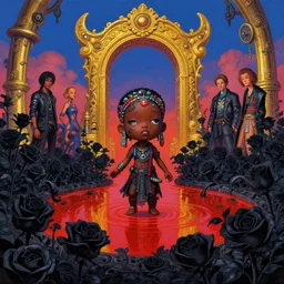 wide angle dynamic portrait of a chibbi african cyberpunk shaman in a black rose garden with a red pond and a golden ornate steampunk portal, by mark ryden and todd schorr and mark davis and thomas kinkade in a surreal lowbrow style, digital paint, matte paint, vivid synthwave colors, breathtaking landsape