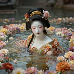 baroque portrait of a geisha woman of porceline skin half emerged from river made of thousand of flowers, cinematic lighting, photorealistic, octane render, 8 k, depth of field, art by artgerm and greg rutkowski and alphonse mucha and uang guangjian