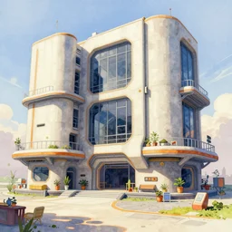 overwatch bauhaus building, stylized, exterior, architecture, in watercolor gouache detailed paintings, arcane, insanely detail, artstation, 8 k, futuristic, big medium small, props, furniture and decor, empty, no character