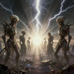 ambient occlusion render metaphysical scifi cosmic skullpunk creatures by beksinski, art by artgerm, wlop, loish, ilya kuvshinov, muted vaporwave ombre, leading lines, fractal lightning, lichtenberg figures, vanishing point, volumetric lighting, god rays