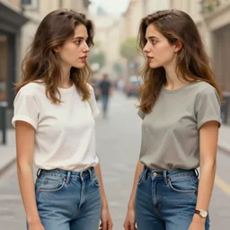 two women talking on the street, contemporary setting, wearing jeans and tee shirt, full detailed symetric faces, ultra realistic illustration, intricate, elegant, highly detailed, digital painting, artstation, concept art, smooth, sharp focus, illustration, art by artgerm and greg rutkowski and alphonse mucha
